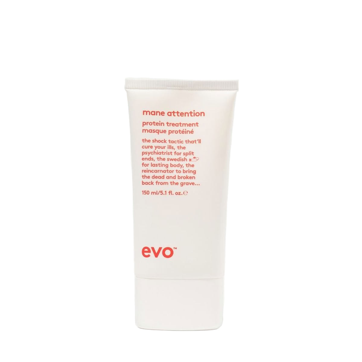 White tube of 'evo mane attention' hair treatment on a white background