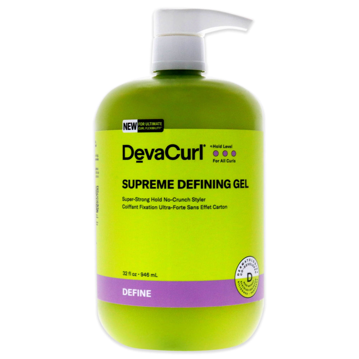 A bottle of DevaCurl Supreme Defining Gel with a pump dispenser, primarily green in color.