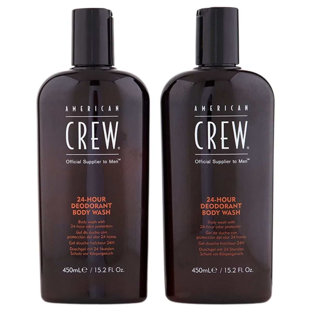 Two bottles of American Crew 24 Hour Deodorant Body Wash, each containing 15.2 oz of product.