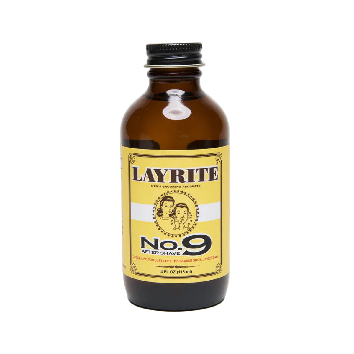 Brown bottle of Layrite No. 9 after shave with yellow label on a white background