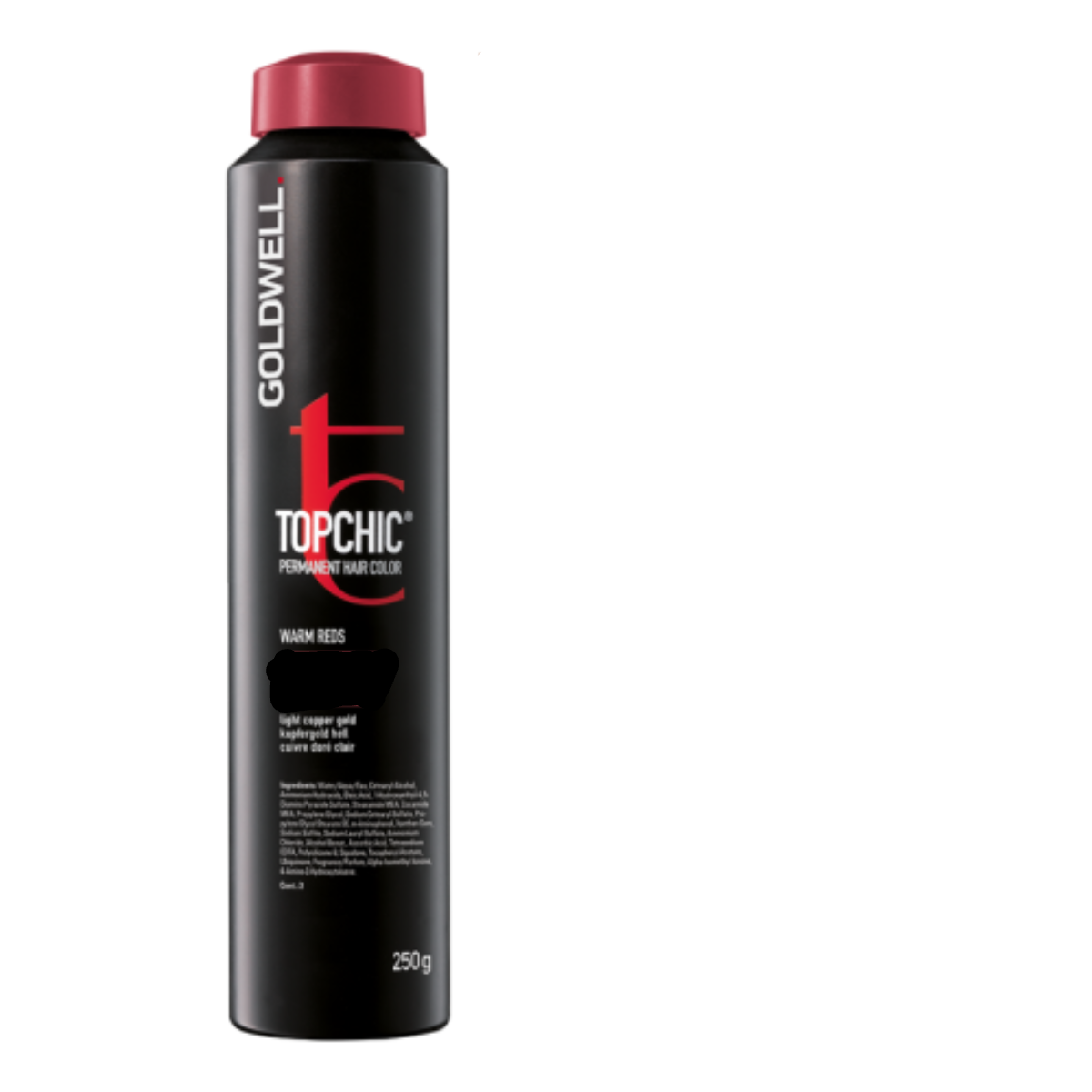 Goldwell Topchic hair color bottle with a swatch of warm red hair color on a white background