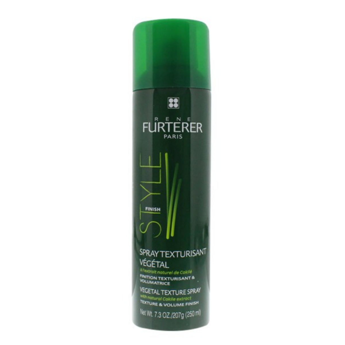 A bottle of Furterer Paris Style Fresh Vegetal Texturizing Spray, featuring a dark green bottle with a bright green cap and white and green text, set against a plain white background.