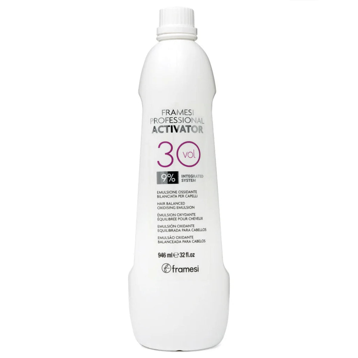 White bottle of Framesi Professional Activator 30 Vol on a white background