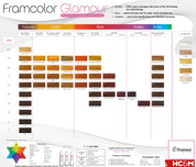 Framcolor Glamour hair color chart with color swatches and product information.