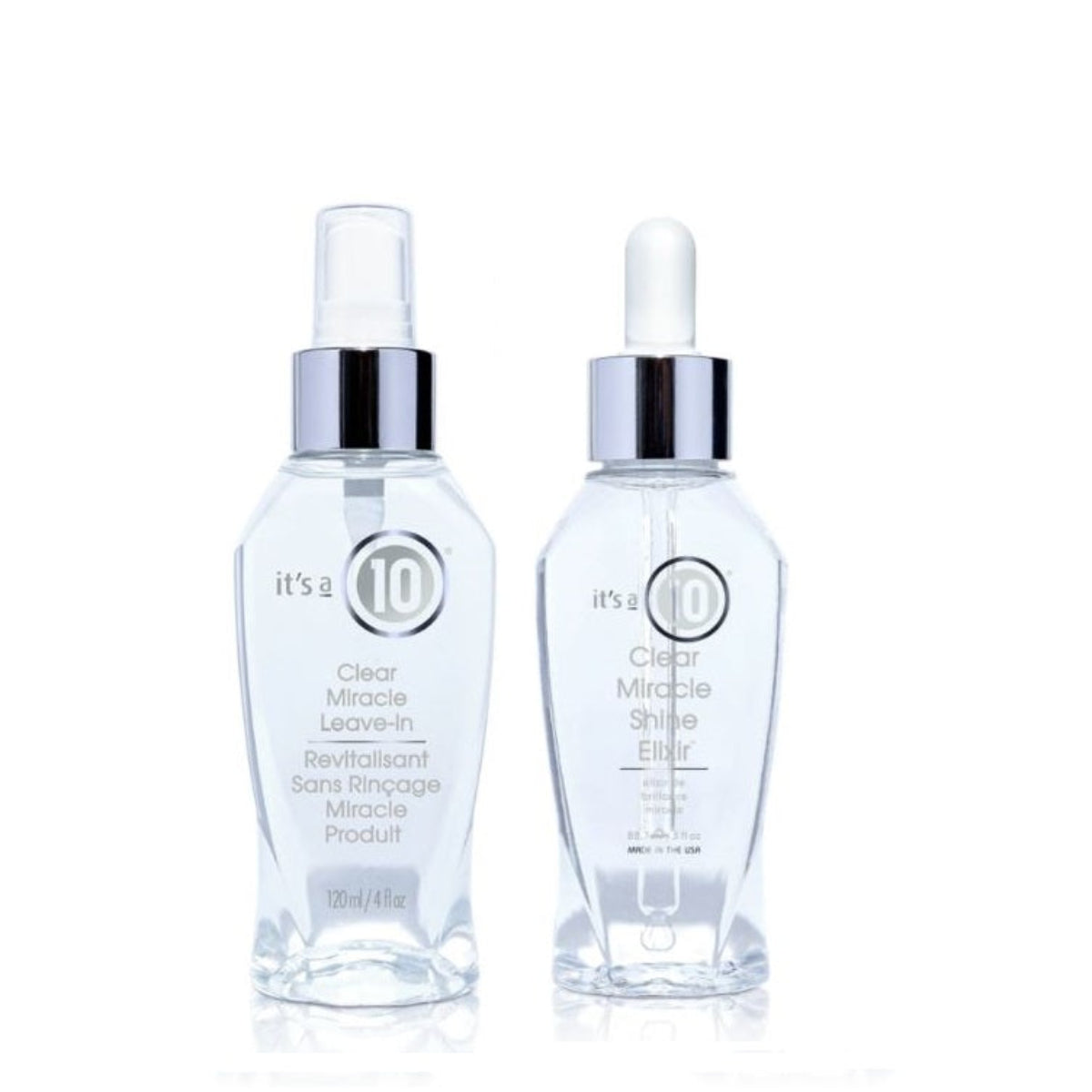 Two clear bottles with silver caps labeled 'it's a 10' on a white background