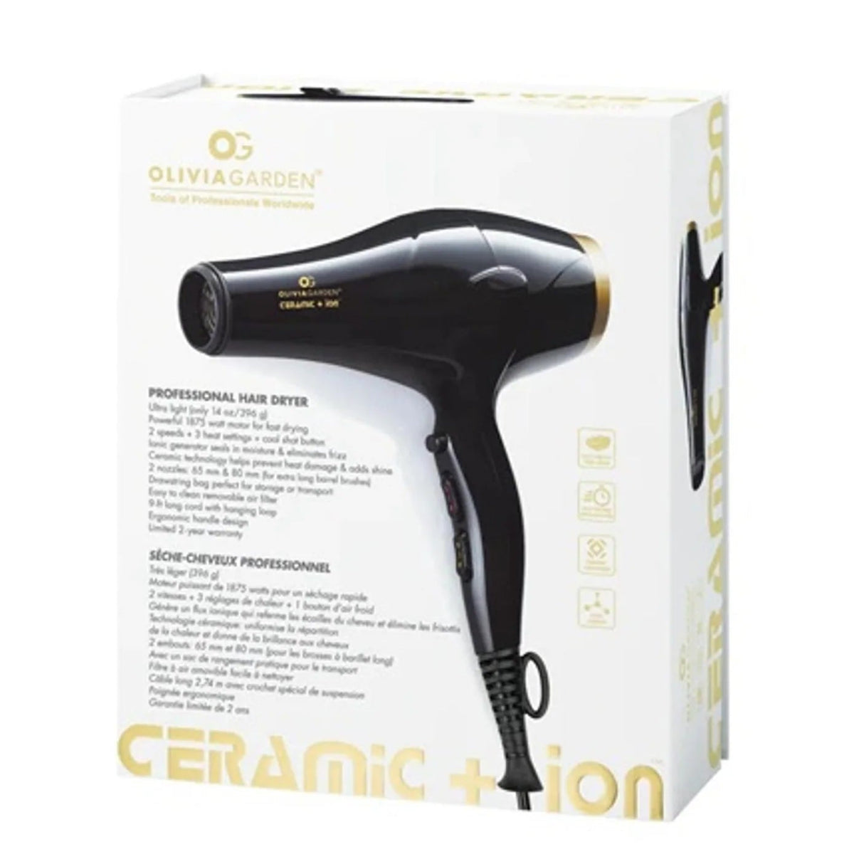 Olivia Garden Ceramic + ion professional hair dryer shown in its white retail packaging box with gold accents and a black hair dryer pictured on the front.