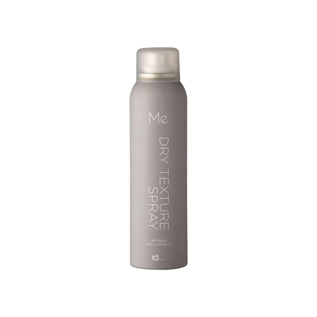 Gray idHAIR Me Dry Texture Spray bottle with silver cap on a white background