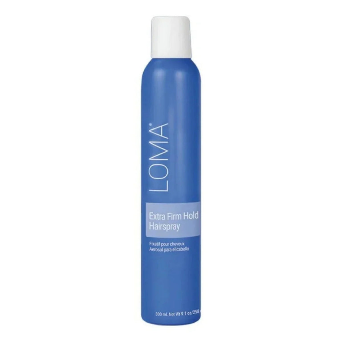 A single can of LOMA Extra Firm Hold Hairspray in a vibrant blue aerosol can with a white cap, shown against a plain white background.