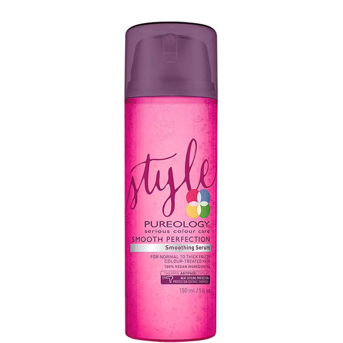 Pink serum bottle with purple cap on a white background