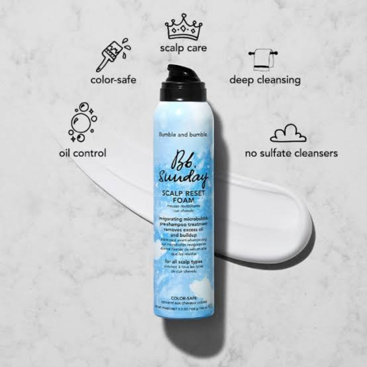 Bumble and Bumble Scalp Reset Foam bottle with features on a gray background