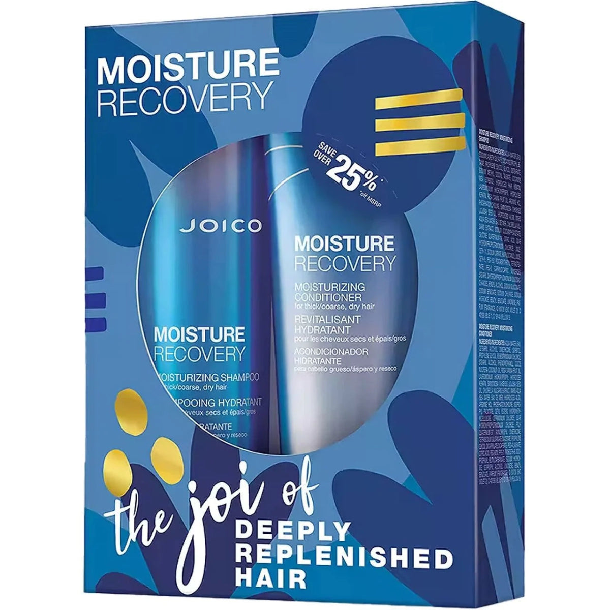Joico Moisture Recovery hair care set in a blue box, containing moisturizing shampoo and conditioner with blue bottles visible through a circular cutout.