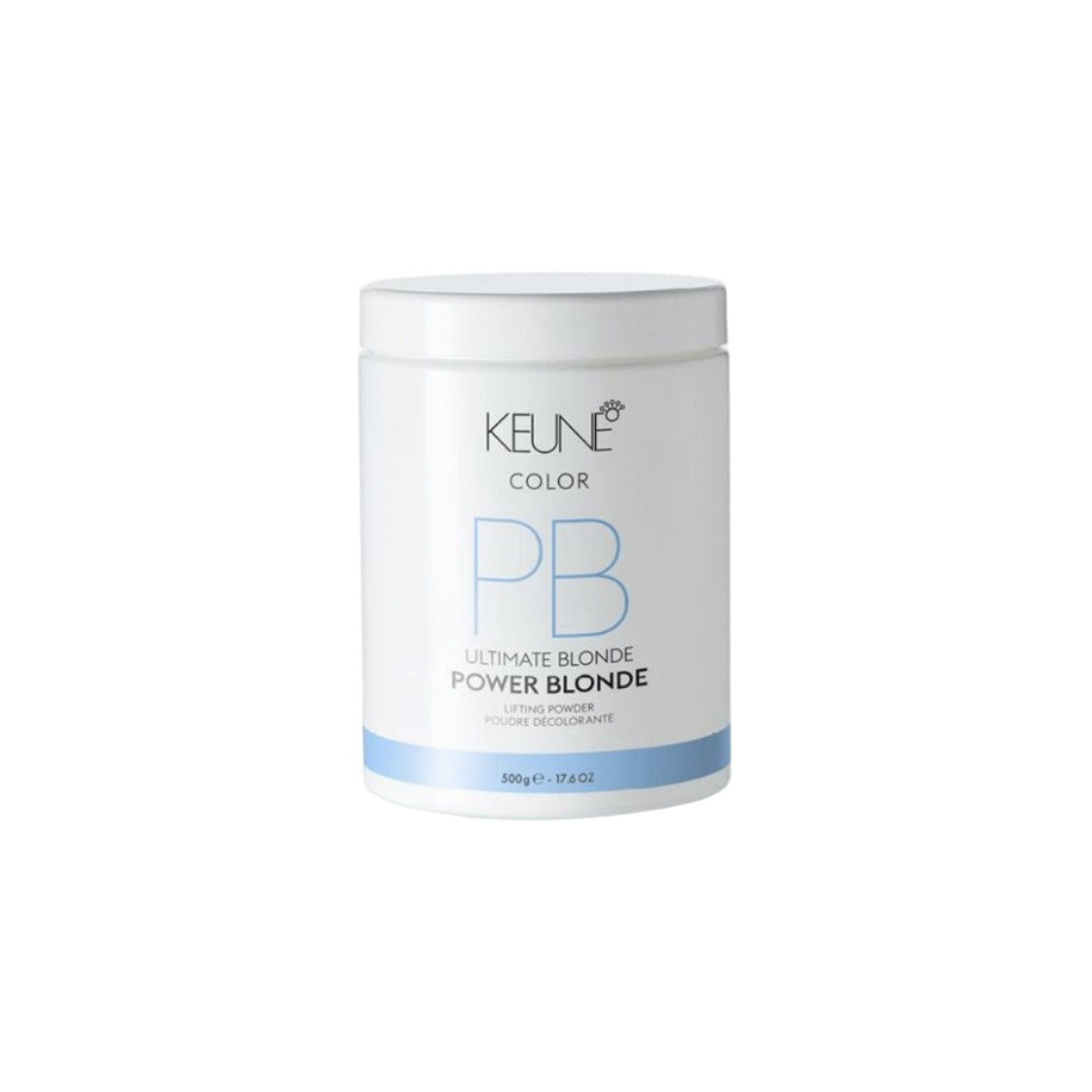 Keune Color PB Ultimate Blonde Power Blonde hair product container on a white background