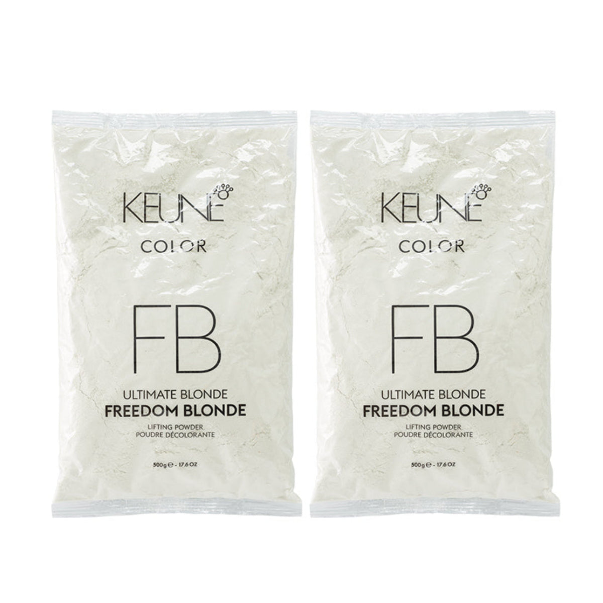 Two packages of KEUNE COLOR FB Ultimate Blonde Freedom Blonde lifting powder, displayed side-by-side on a plain white background.