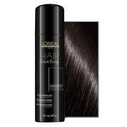 L'Oreal Hair Touchup spray bottle with a dark brown hair sample on a white background
