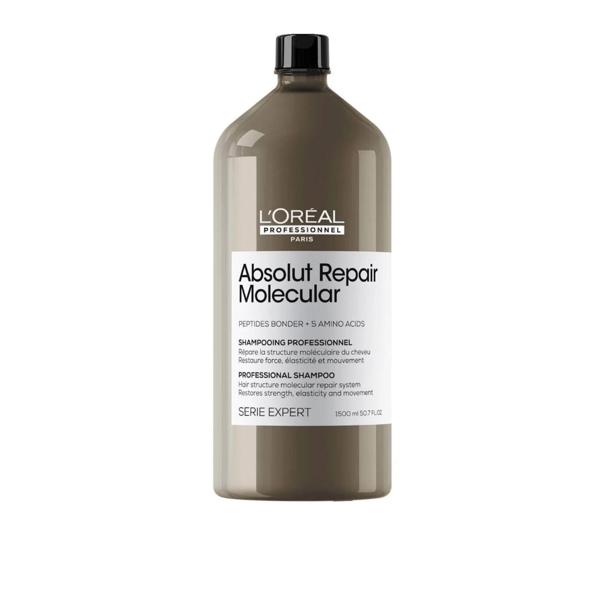 A large bottle of L'Oréal Professionnel Absolut Repair Molecular shampoo, featuring a translucent taupe-brown bottle and a black cap, set against a plain white background.