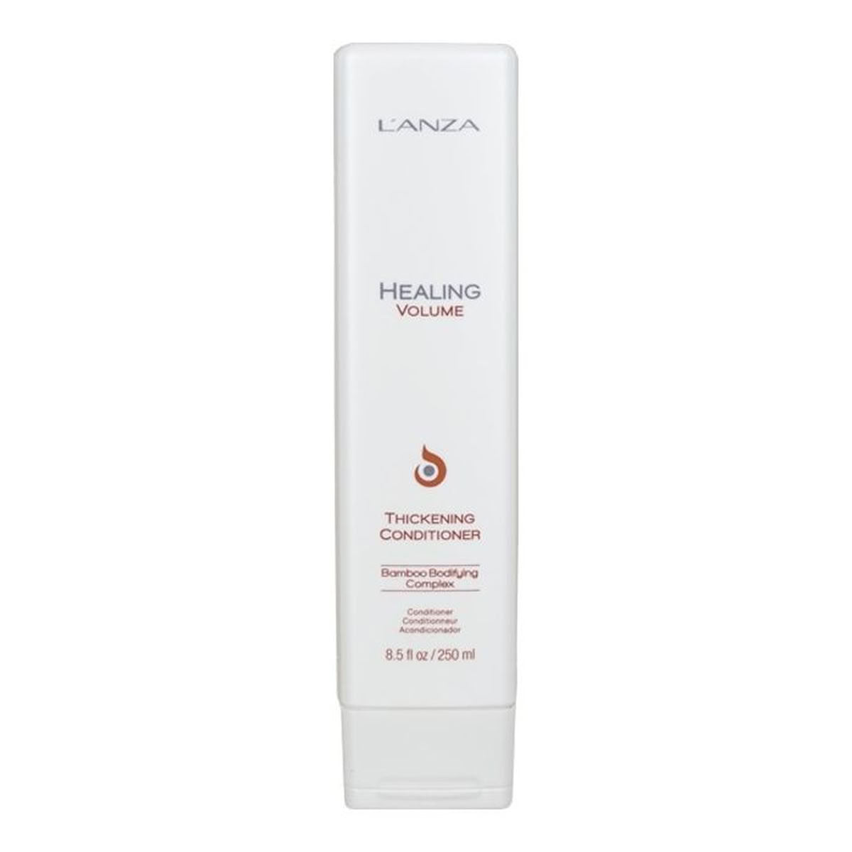 A tall, white rectangular bottle of L'ANZA Healing Volume Thickening Conditioner, shown against a plain white background.