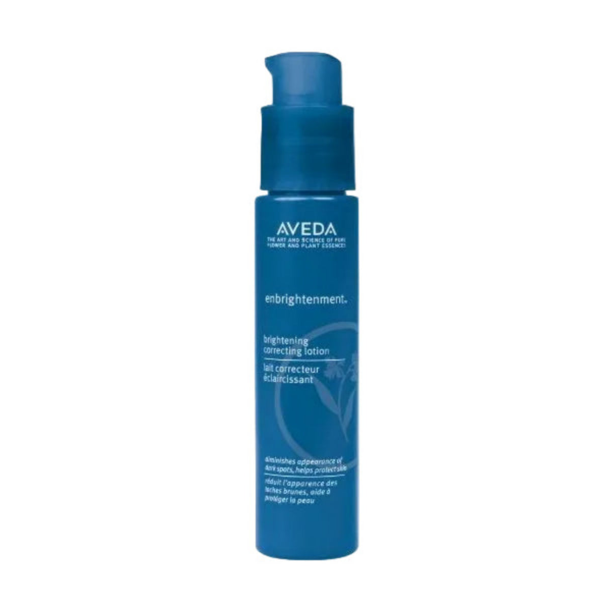 A bottle of Aveda Brightening Cleansing Lotion in a vibrant blue color, featuring a matching blue pump dispenser, set against a plain white background.