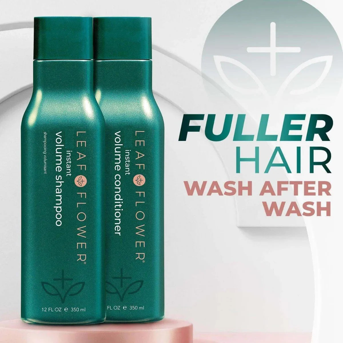 Two green bottles of Leaf & Flower shampoo and conditioner on a light gray background with text about hair care.