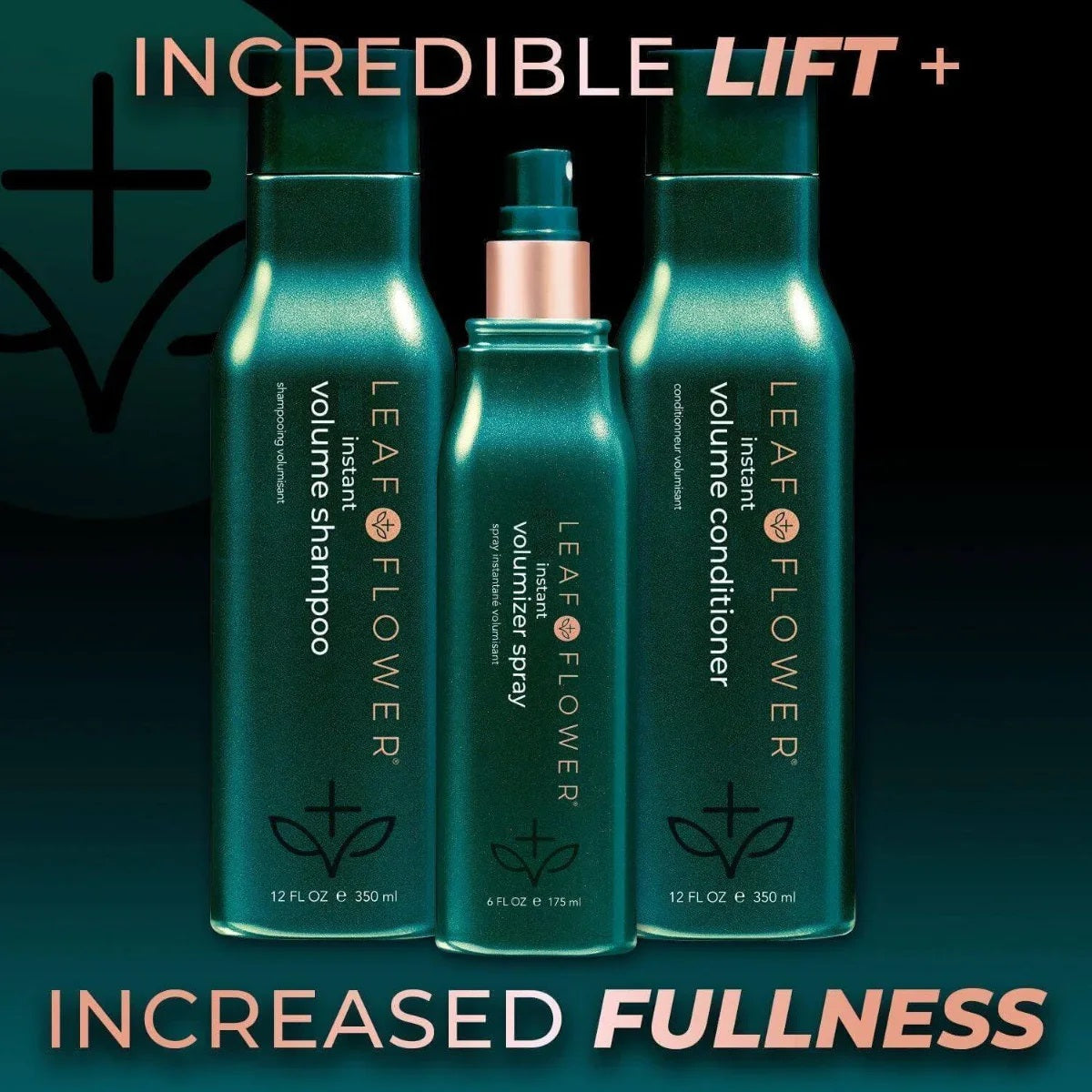 Leaf & Flower hair care products including shampoo, conditioner, and volumizing spray on a dark background.