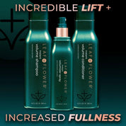 Leaf & Flower hair care products including shampoo, conditioner, and volumizing spray on a dark background.