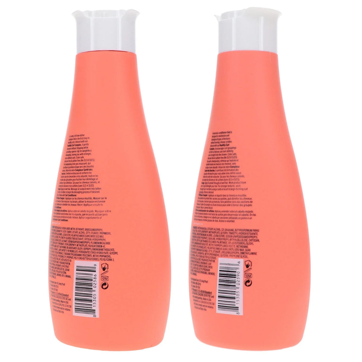Two coral-colored bottles with white caps on a white background