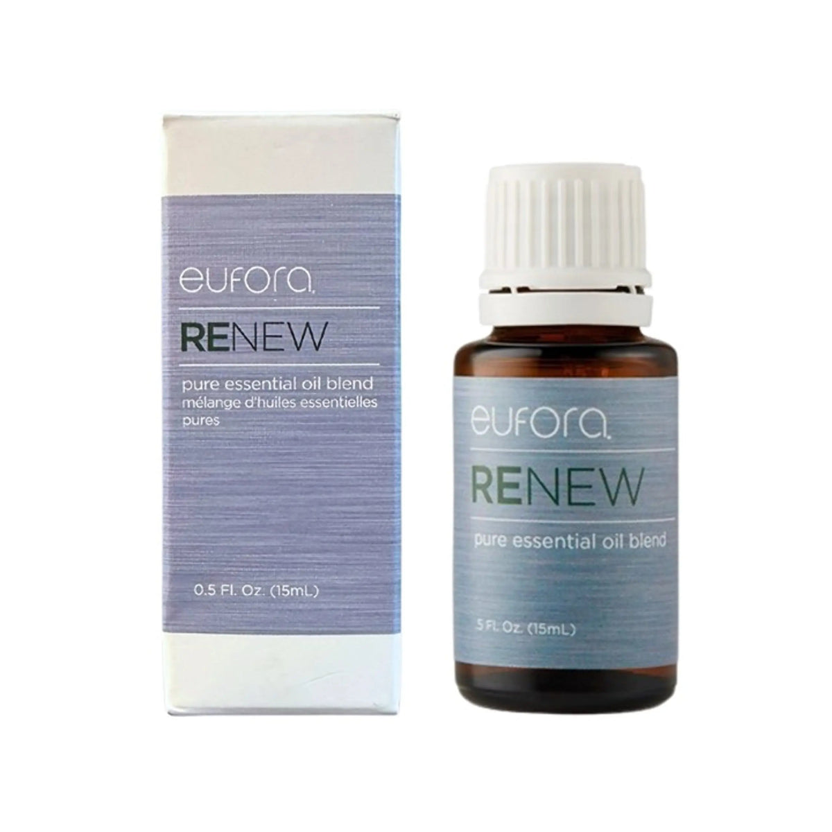 A bottle of eufora Renew pure essential oil blend next to its matching retail box, both featuring a textured lavender-blue label on a white background.