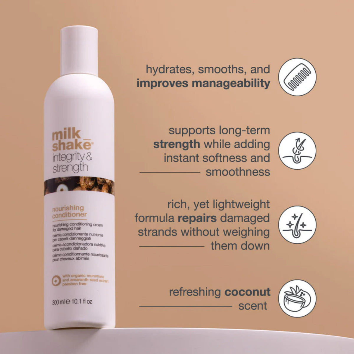 Milk Shake Integrity & Strength conditioner bottle with product benefits on a beige background
