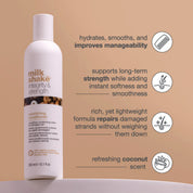 Milk Shake Integrity & Strength conditioner bottle with product benefits on a beige background