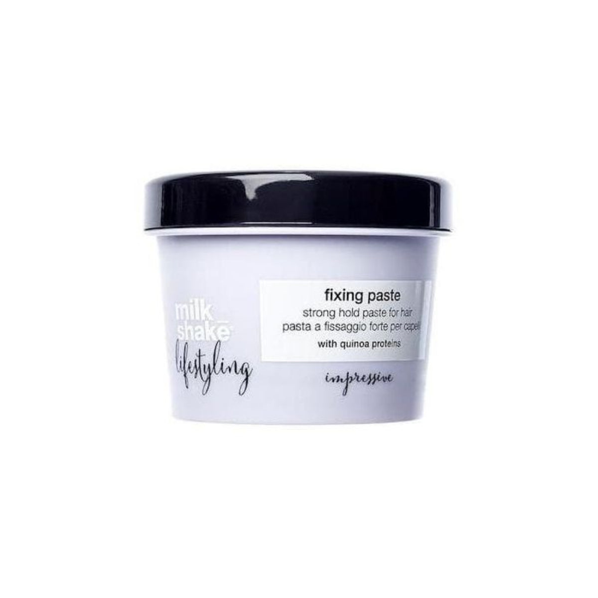 A jar of milk shake Lifestyle 'fixing paste' hair product by Impresso, featuring a white container with a black lid and a white label, set against a plain white background.