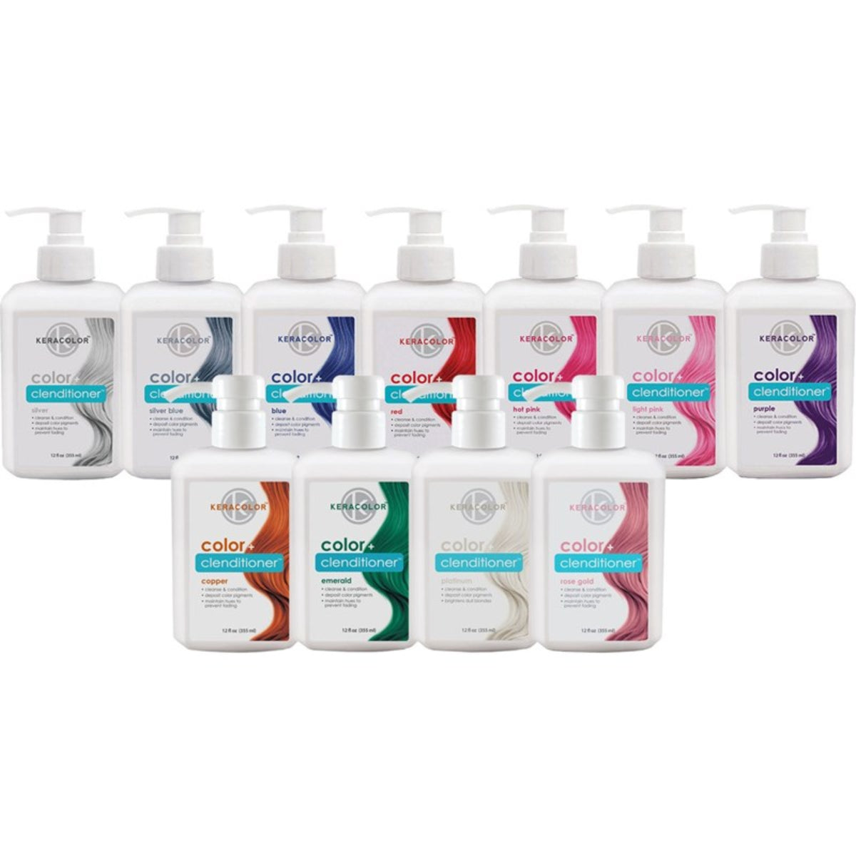 Collection of KeraColor conditioner bottles on a white background