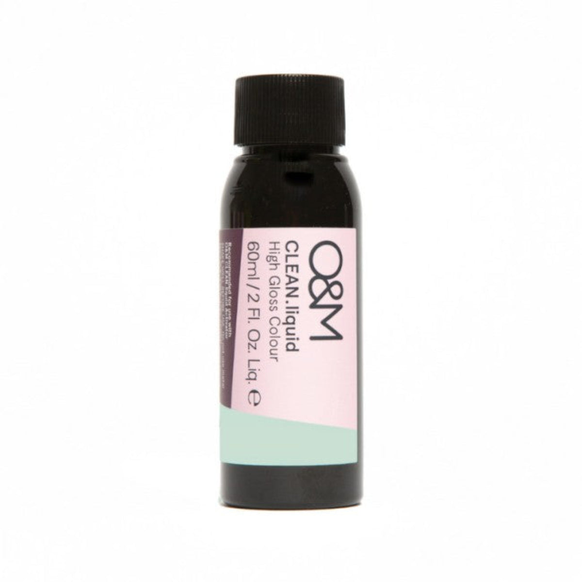 A bottle of O&M Clean Liquid High Gloss Colour in a pale pink shade, 60ml/2 fl. oz.