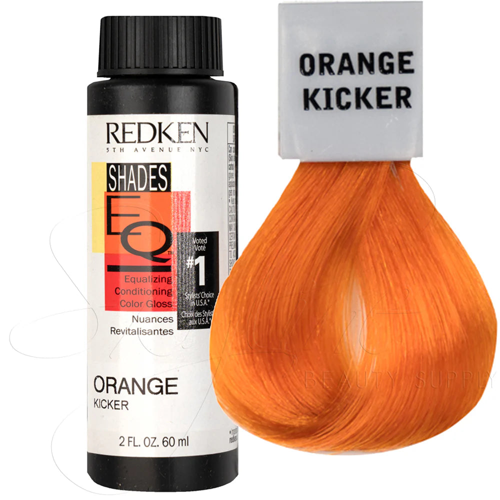 Redken Shades EQ hair color bottle with an orange sample on a white background