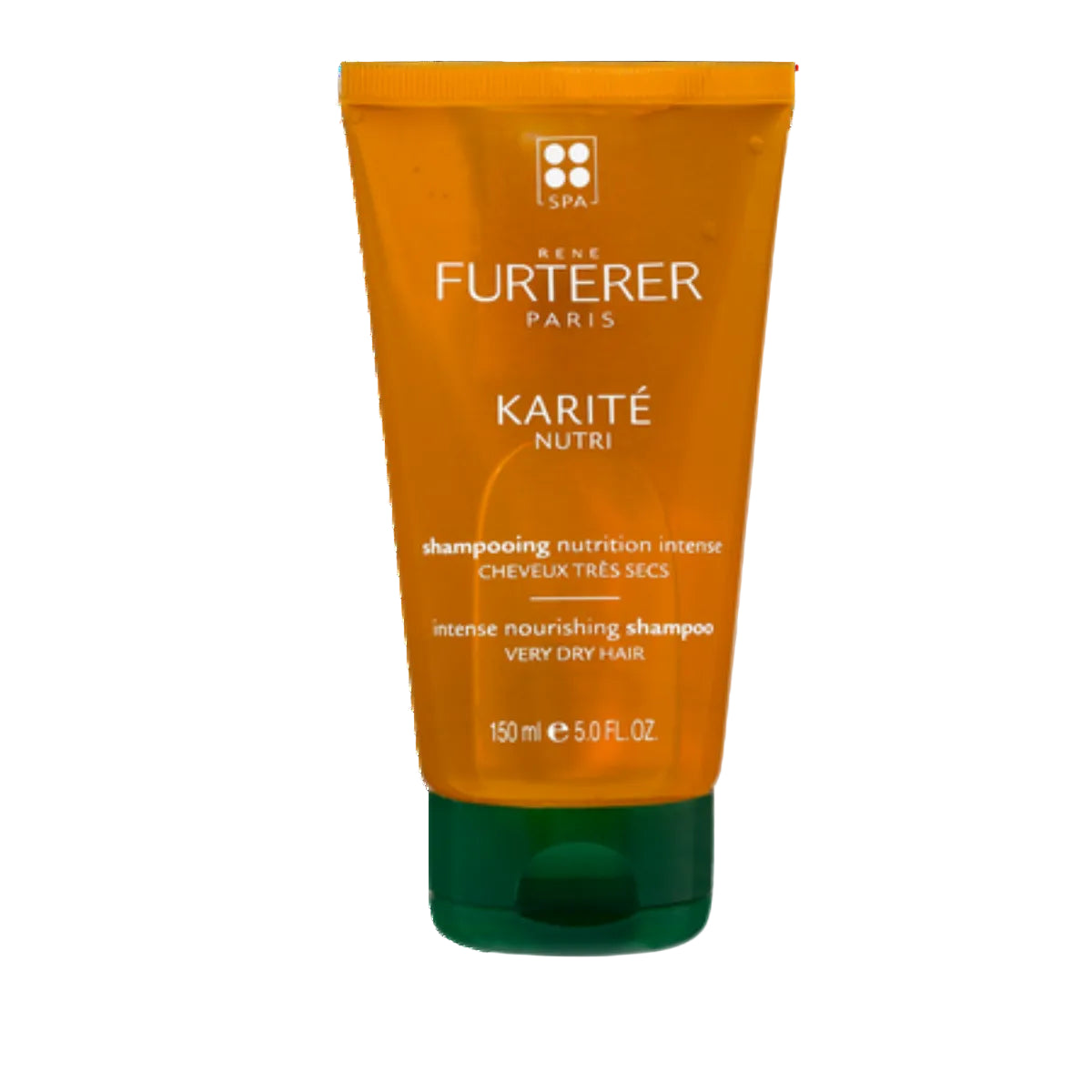 Sens Furterer Paris Karité Nutri Intense Nourishing Shampoo in a squeeze tube with a bright orange body and a dark green cap, set against a clean white background with a soft shadow.