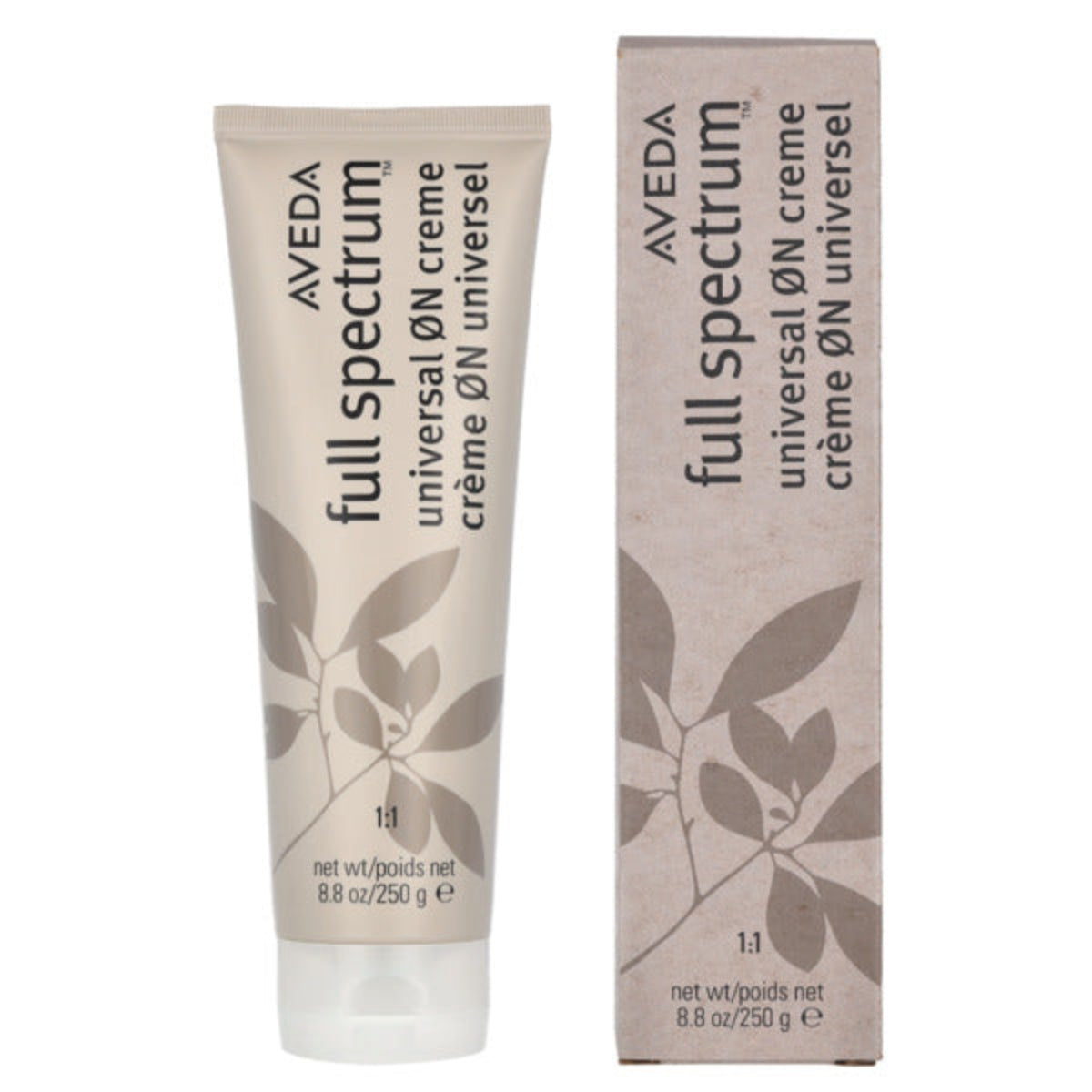 Aveda Full Spectrum Universal ON crème tube and packaging on a white background