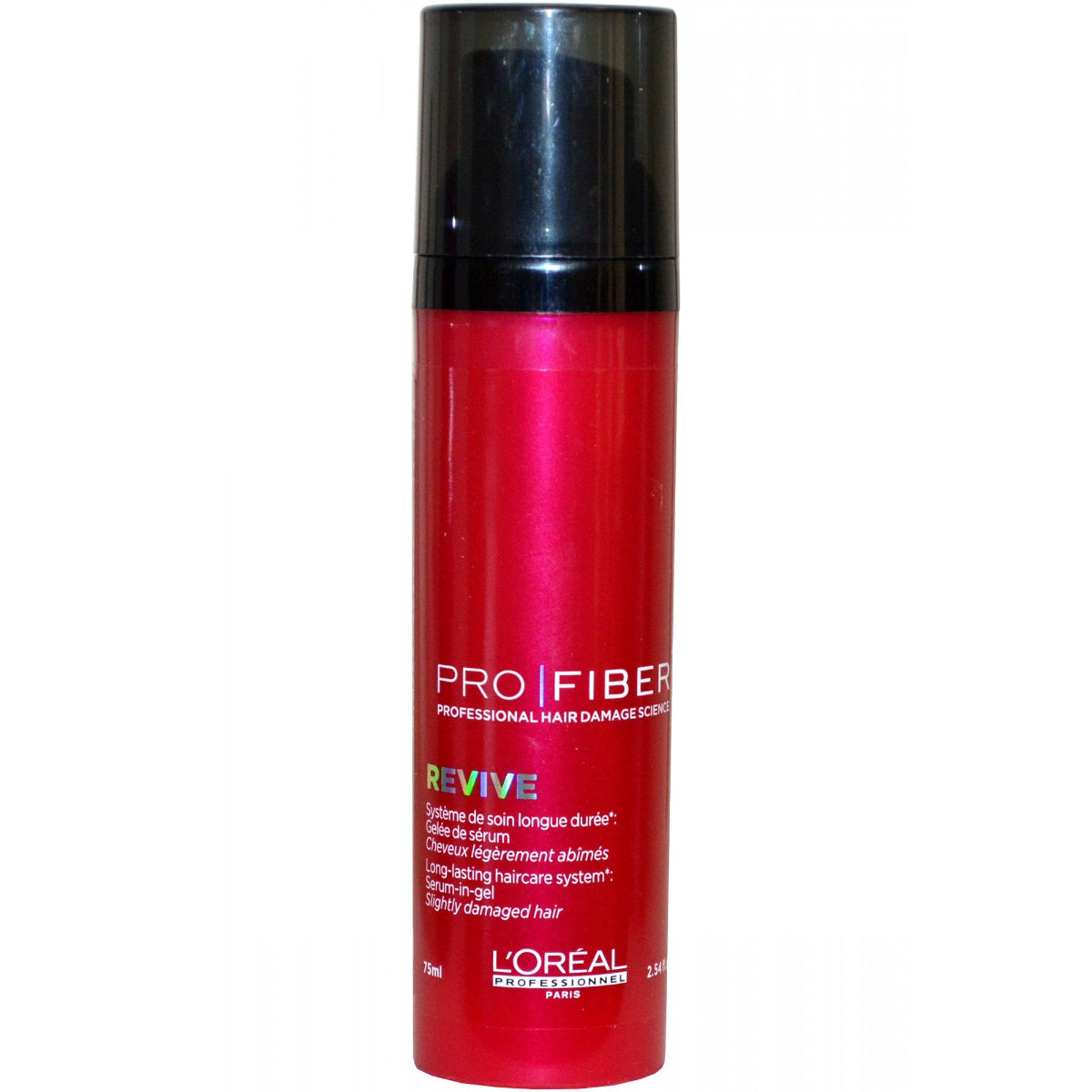 Red can of L'Oreal Pro Fiber Revive hair product on a white background
