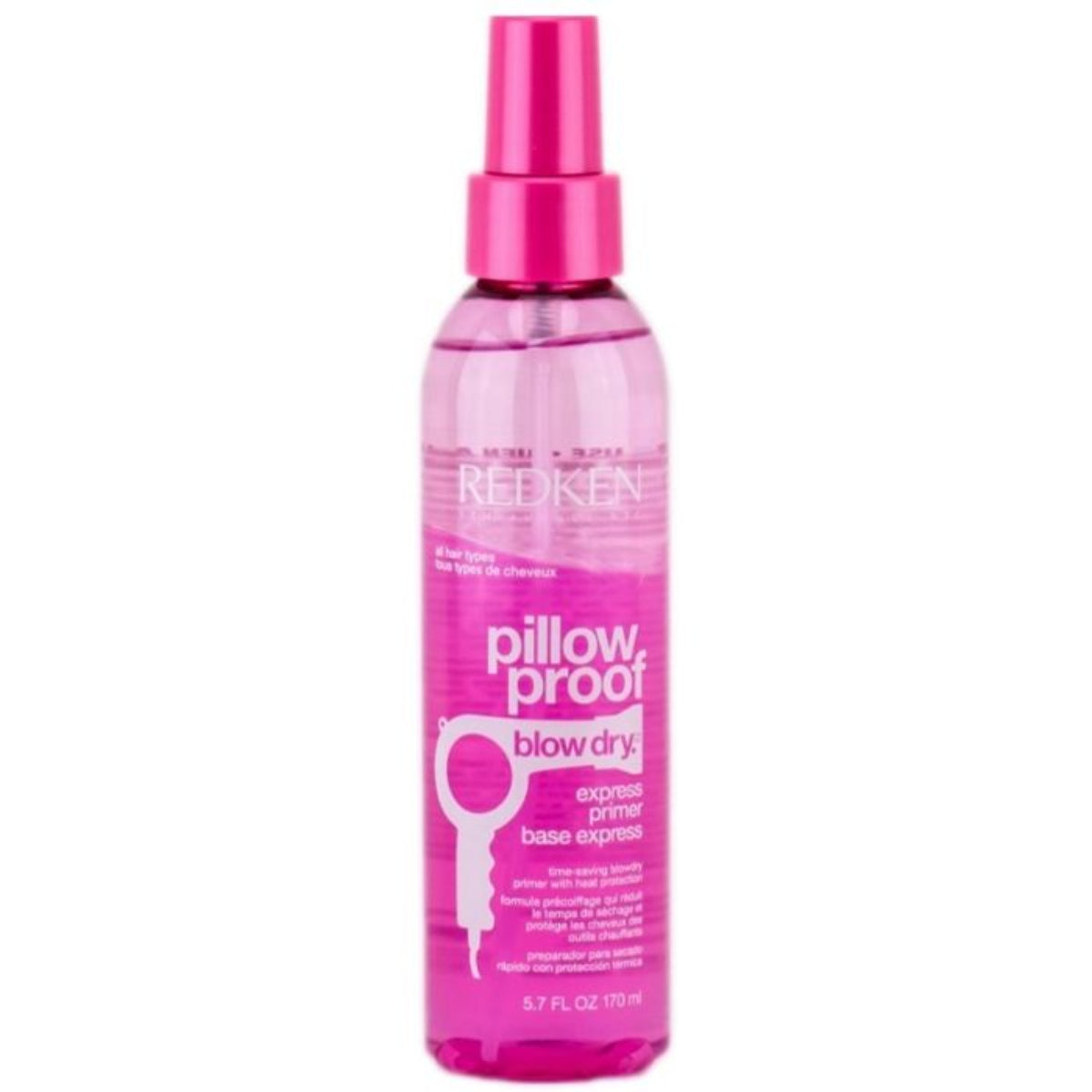 Pink bottle of Redken Pillow Proof Blow Dry Primer on a white background