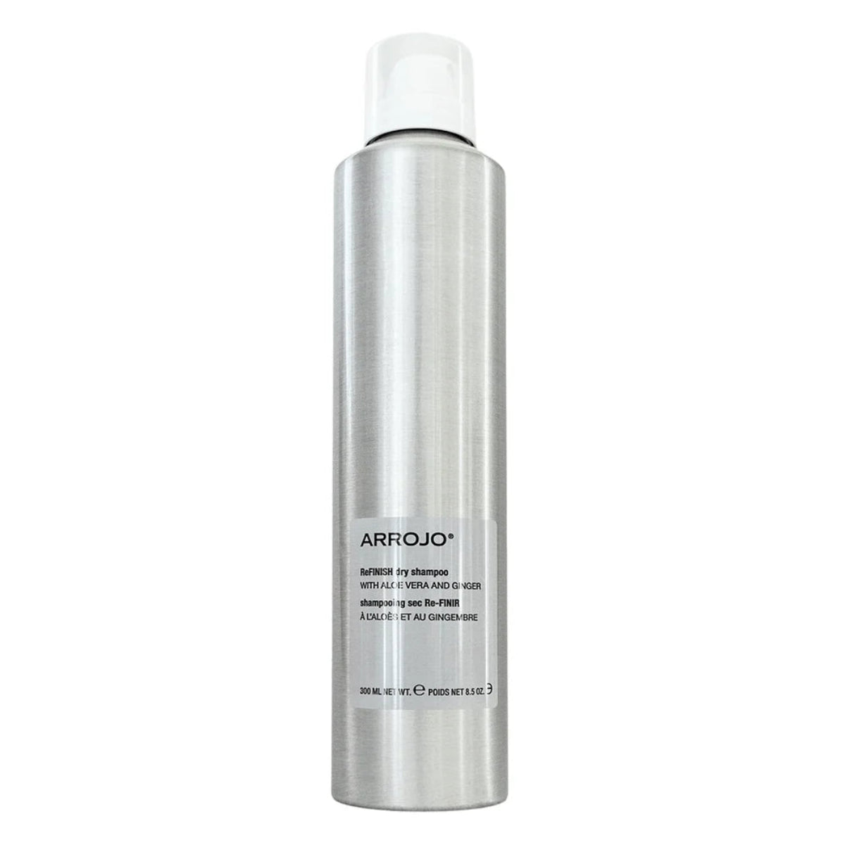 A tall, cylindrical silver aerosol can of ARROJO SuperFix dry shampoo with a white cap, set against a plain white background.