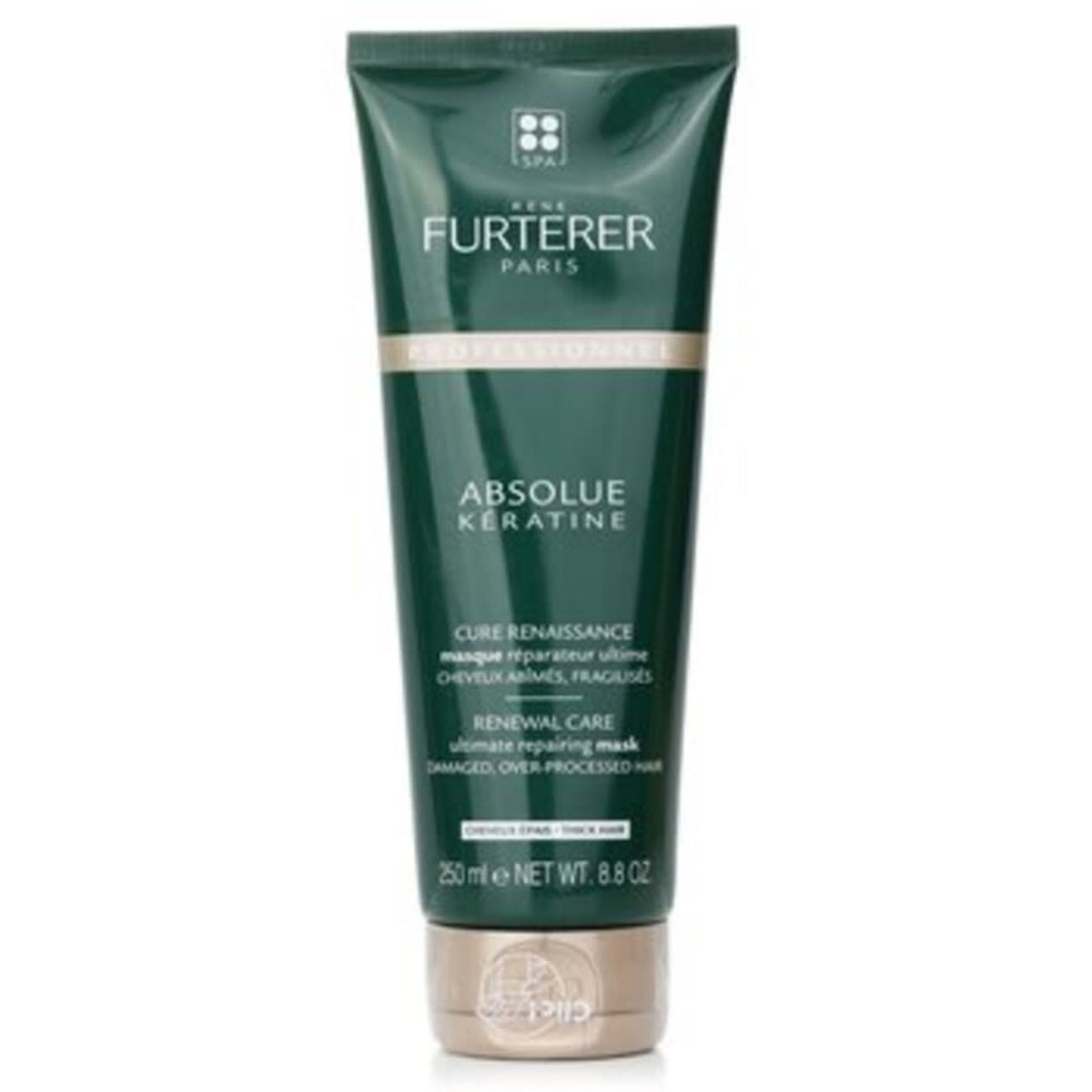 A 250ml squeeze tube of Fens Furterer Paris Absolue Keratine Renewal Care hair mask, featuring a dark green tube with a beige cap, set against a plain white background.