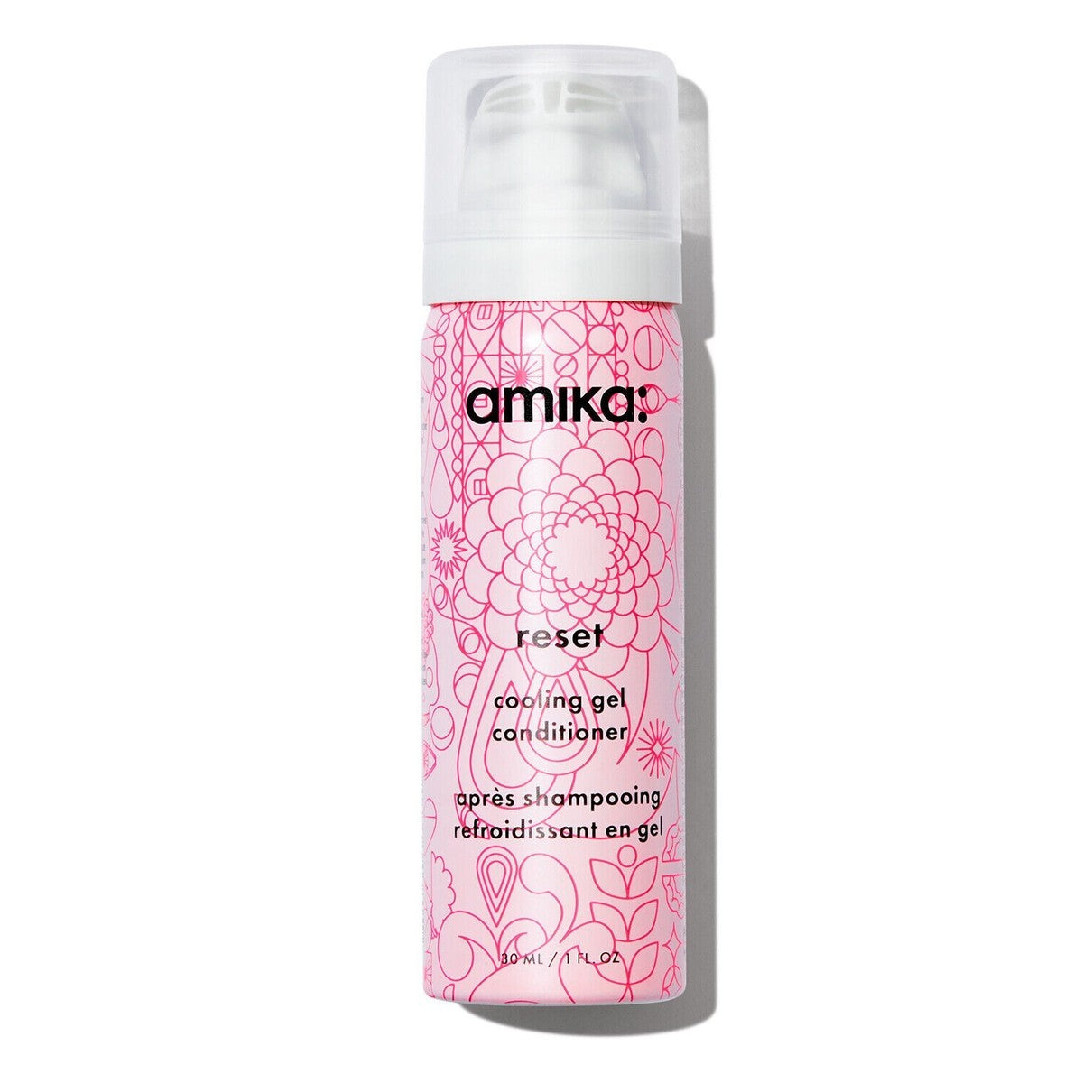 Amika cooling gel conditioner bottle with pink floral design on a white background