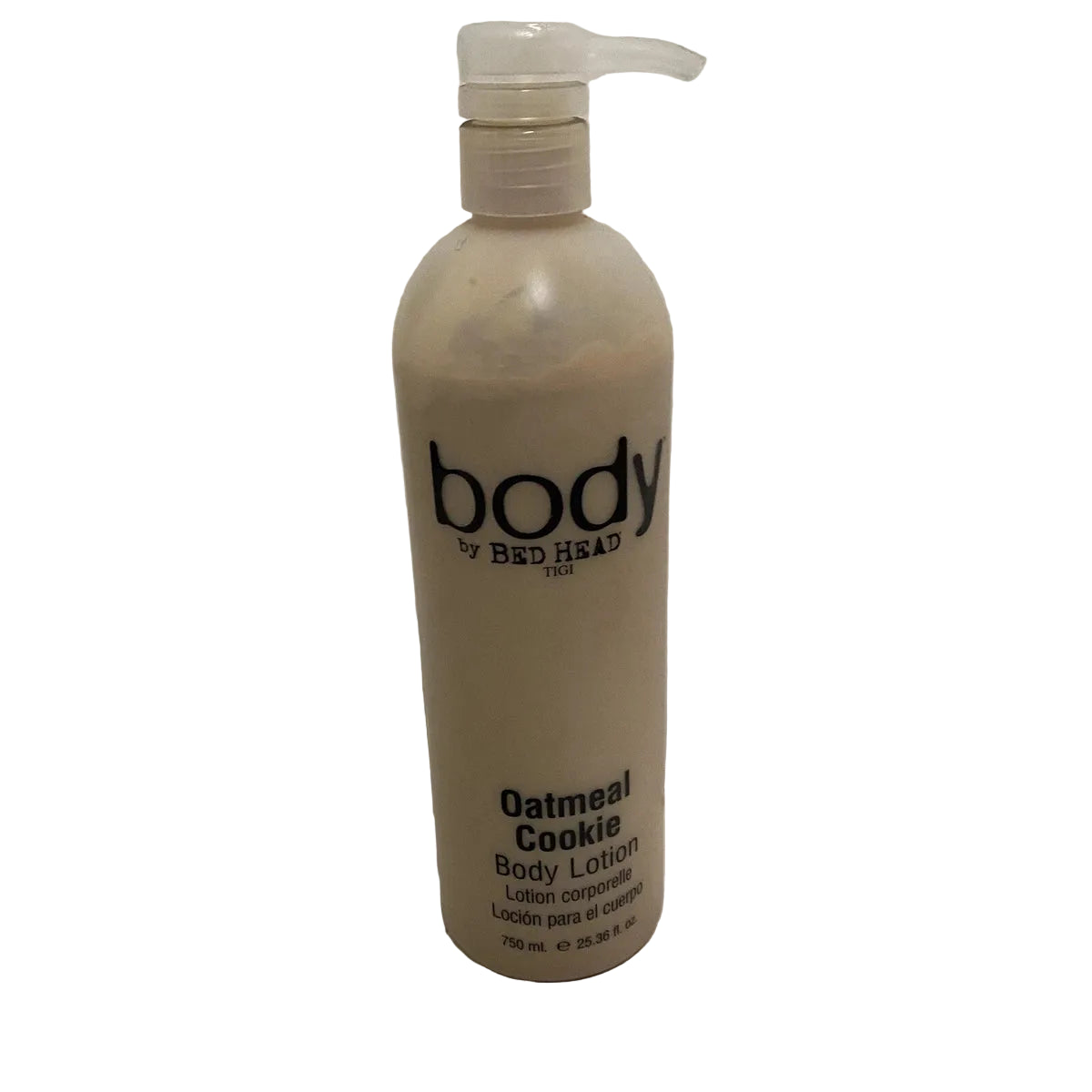 A bottle of Body by Bed Head Oatmeal Cookie Body Lotion, featuring a translucent beige bottle with a clear pump dispenser, set against a plain white background.