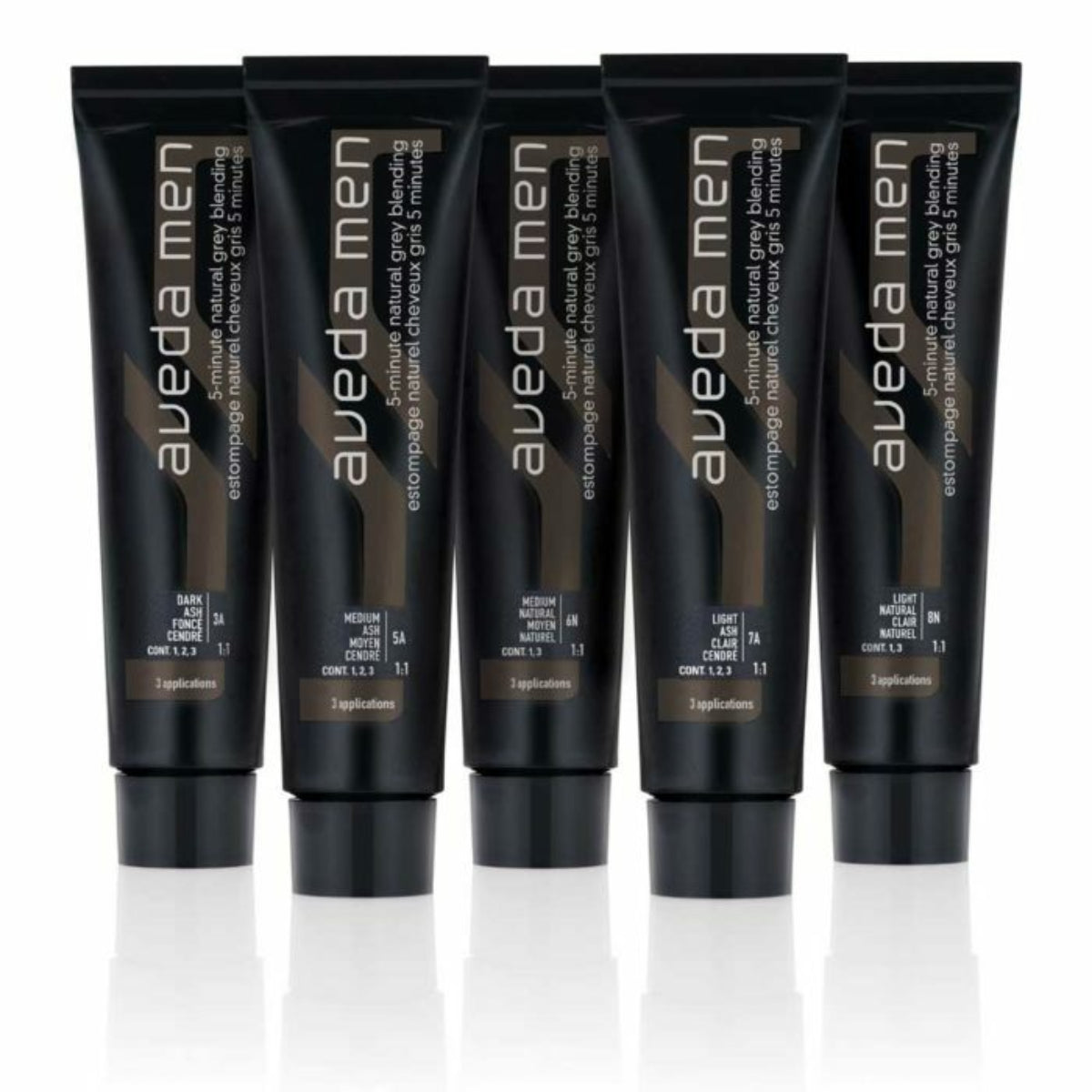 Five Aveda men's hair care products on a white background