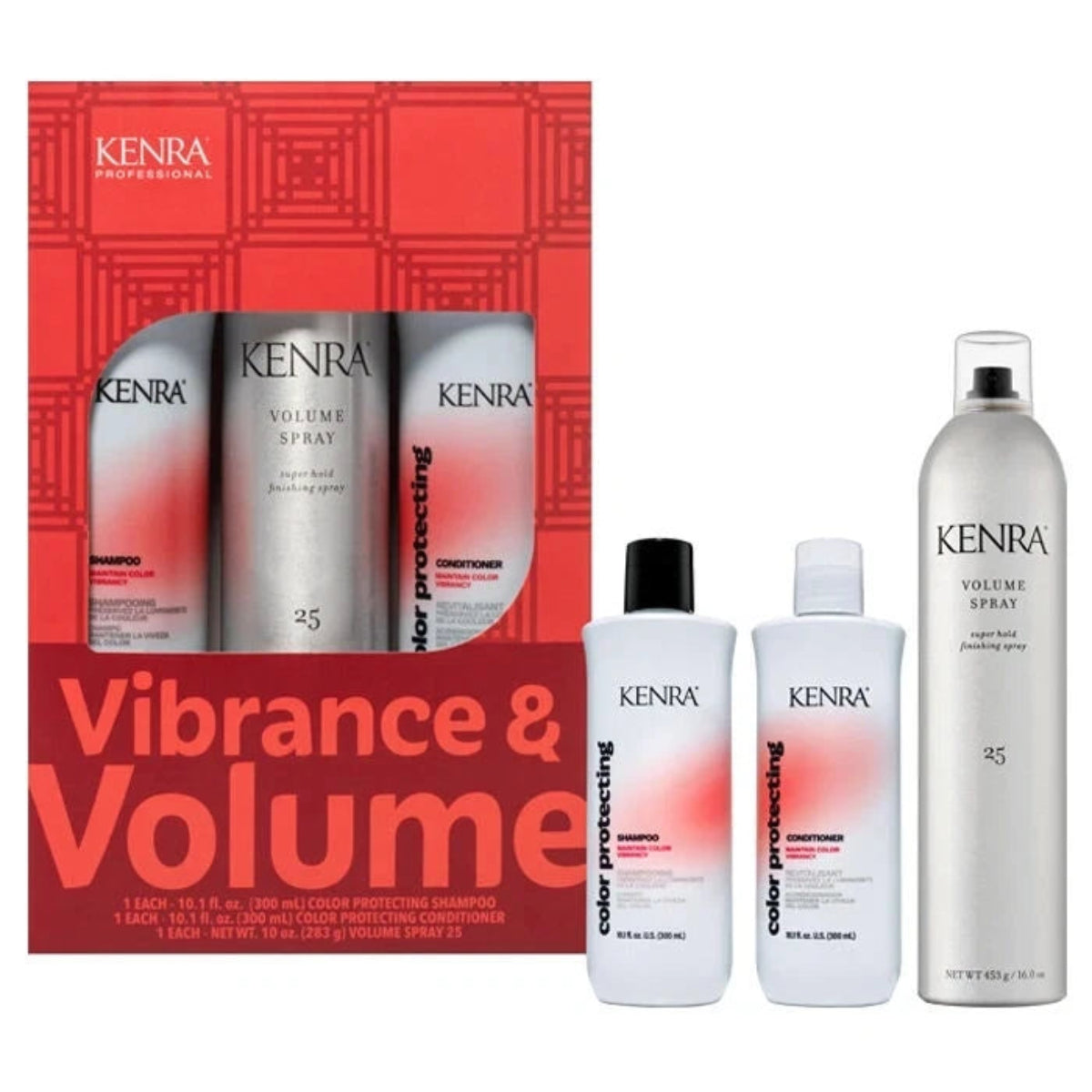 Kenra hair care product set with red packaging on a white background