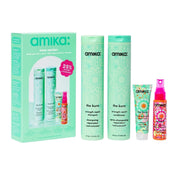 Amika hair care product set including shampoo, conditioner, and other items on a white background