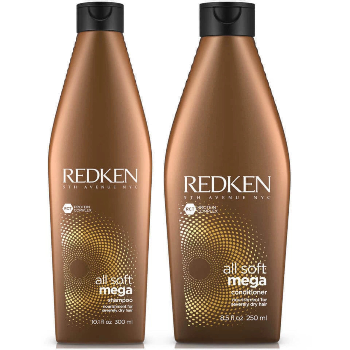 Two bottles of Redken all soft mega shampoo and conditioner on a white background
