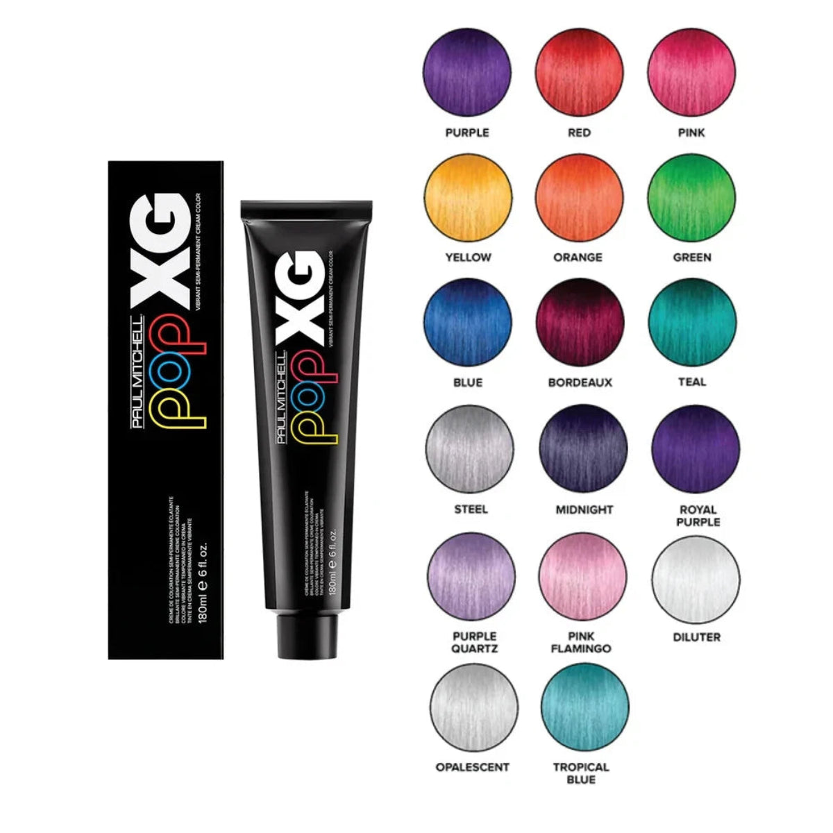 Pola Michell Pop XG hair color product with color chart on a white background