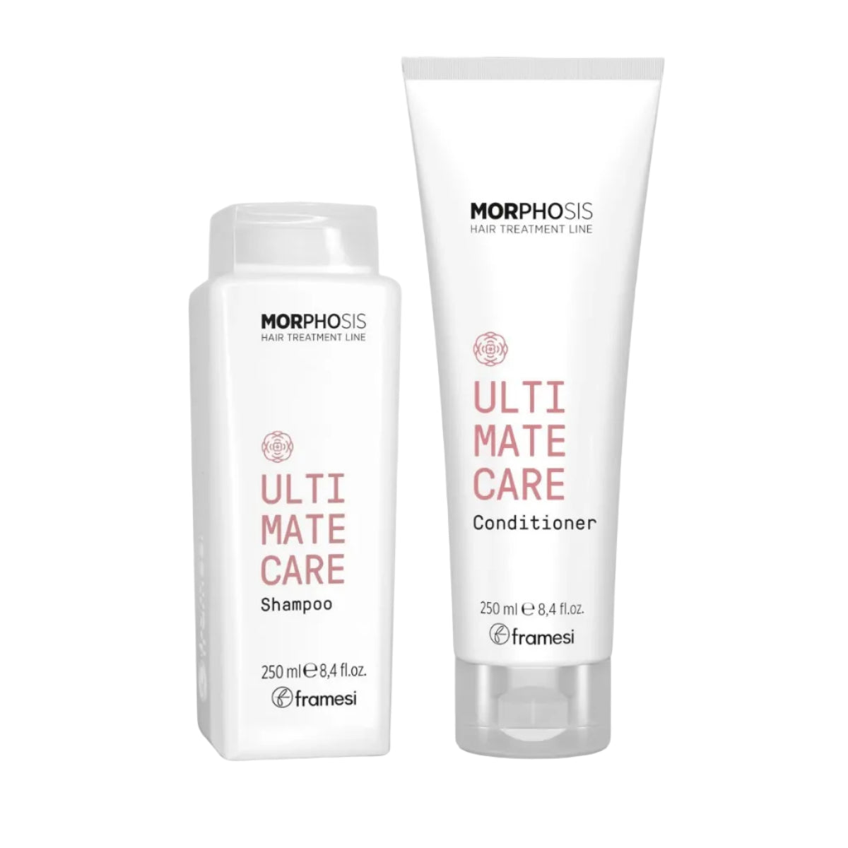 Morphosis Ultimate Care Shampoo and Conditioner set in white plastic bottles and tubes with pink and black text, on a white background.