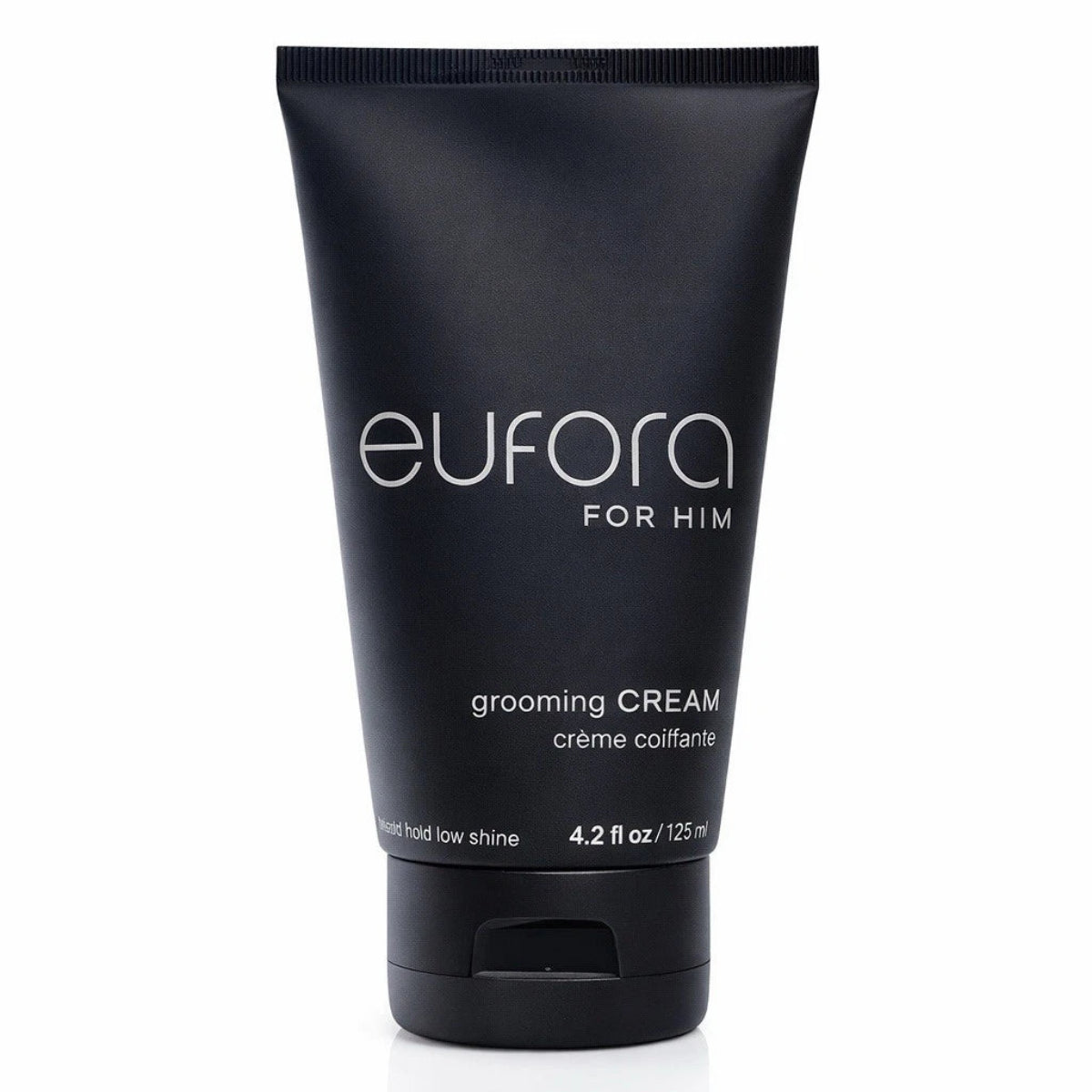 A black squeeze tube of Eufora For Him Grooming Cream on a clean white background.