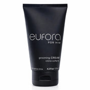 A black squeeze tube of Eufora For Him Grooming Cream on a clean white background.