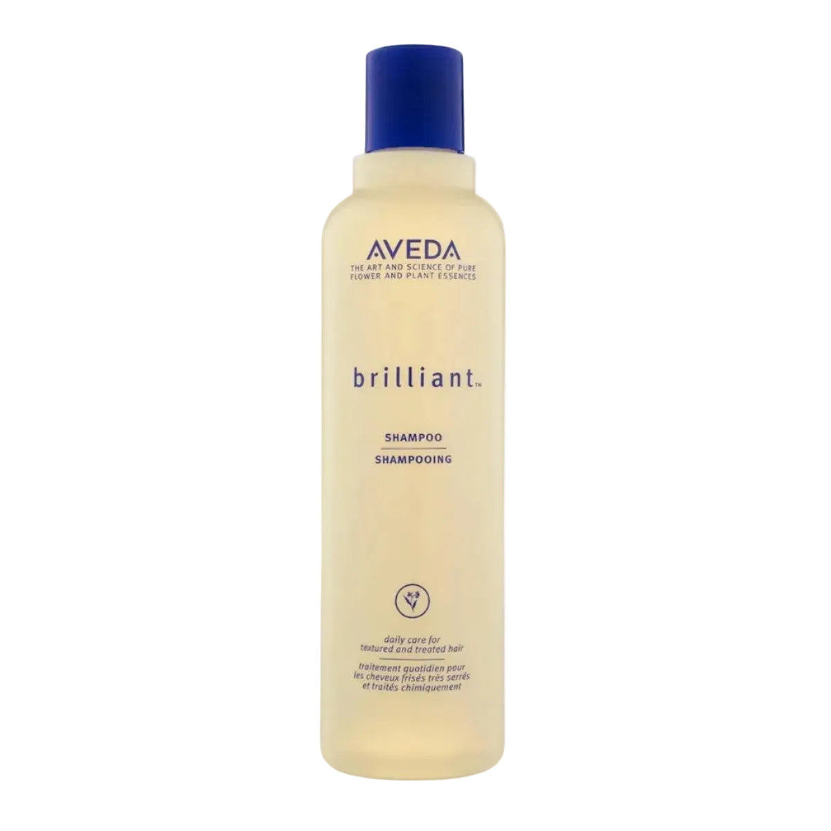 A bottle of Aveda Brilliant Shampoo with a pale yellow body and a dark blue cap, shown on a plain white background.