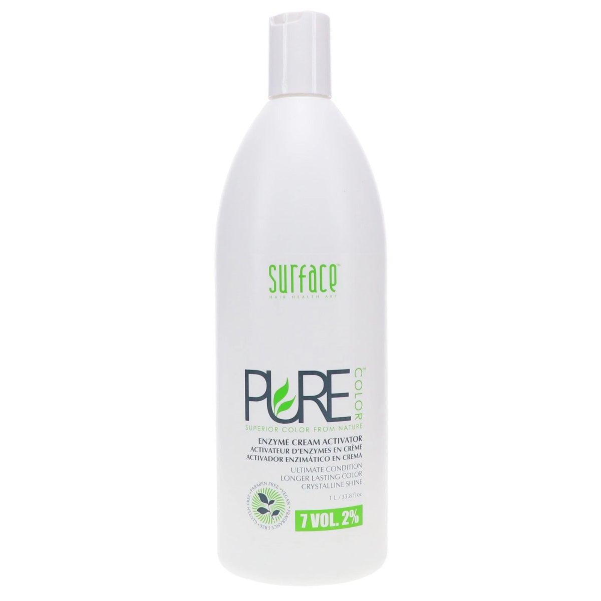 White bottle of 'Pure' product with green text on a white background